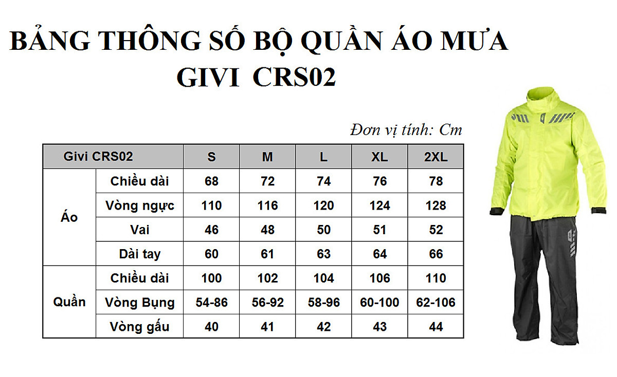 Hướng dẫn chọn size áo mưa GIVI CRS02