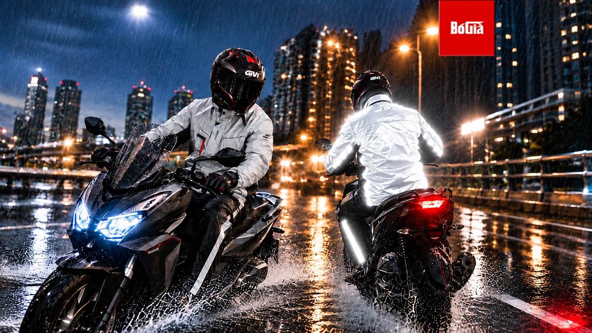 Người mặc áo mưa bộ Givi khi đi xe máy